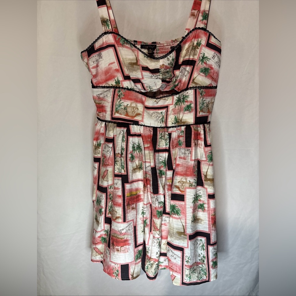 City Triangles Strapless Pink Tropical Print Sundress with Black Trim